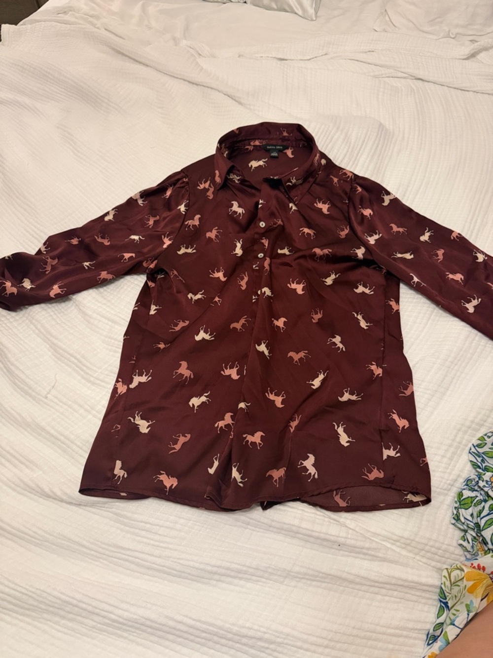 Womens Maroon Horse-Print Button-Up Blouse